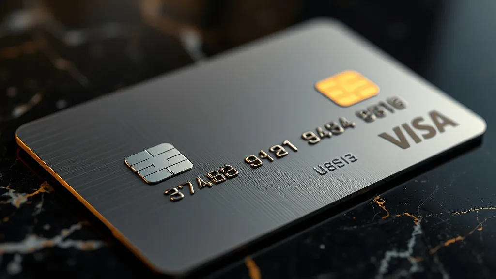 Close-up of a high-end metal credit card resting on a dark m