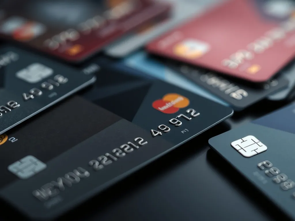 Macro photography of multiple credit cards on a dark metalli