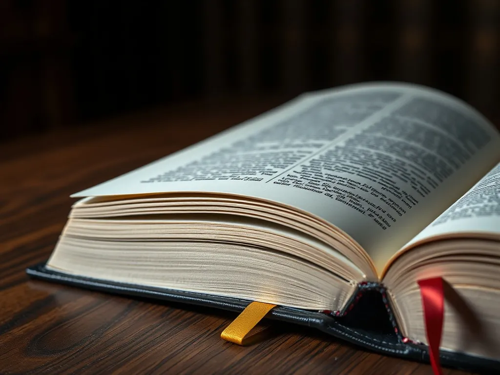 A thick book with a bookmark on a wooden desk, dark academic
