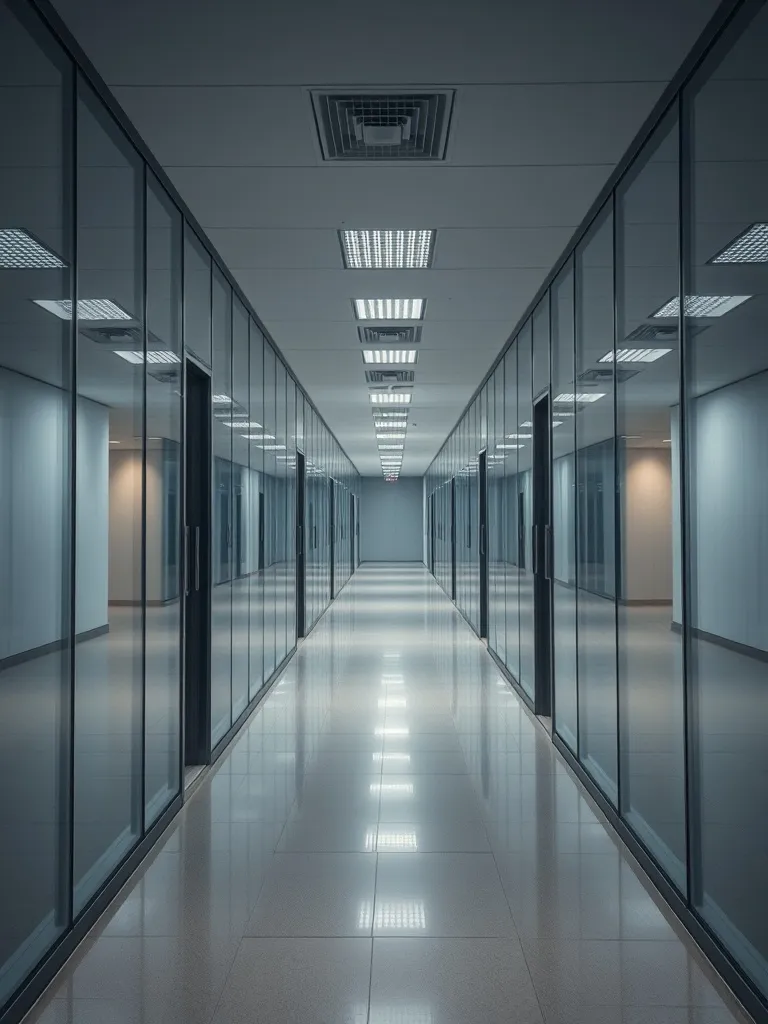 An empty modern office corridor with glass walls and profess