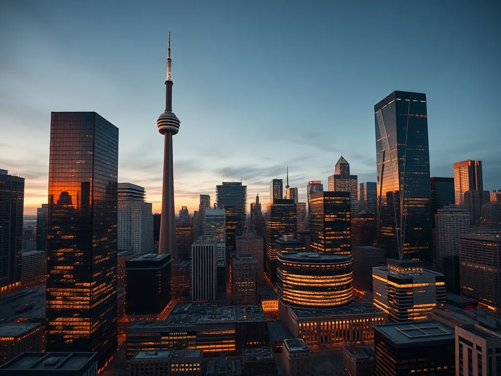 A cinematic wide angle shot of Toronto financial district sk